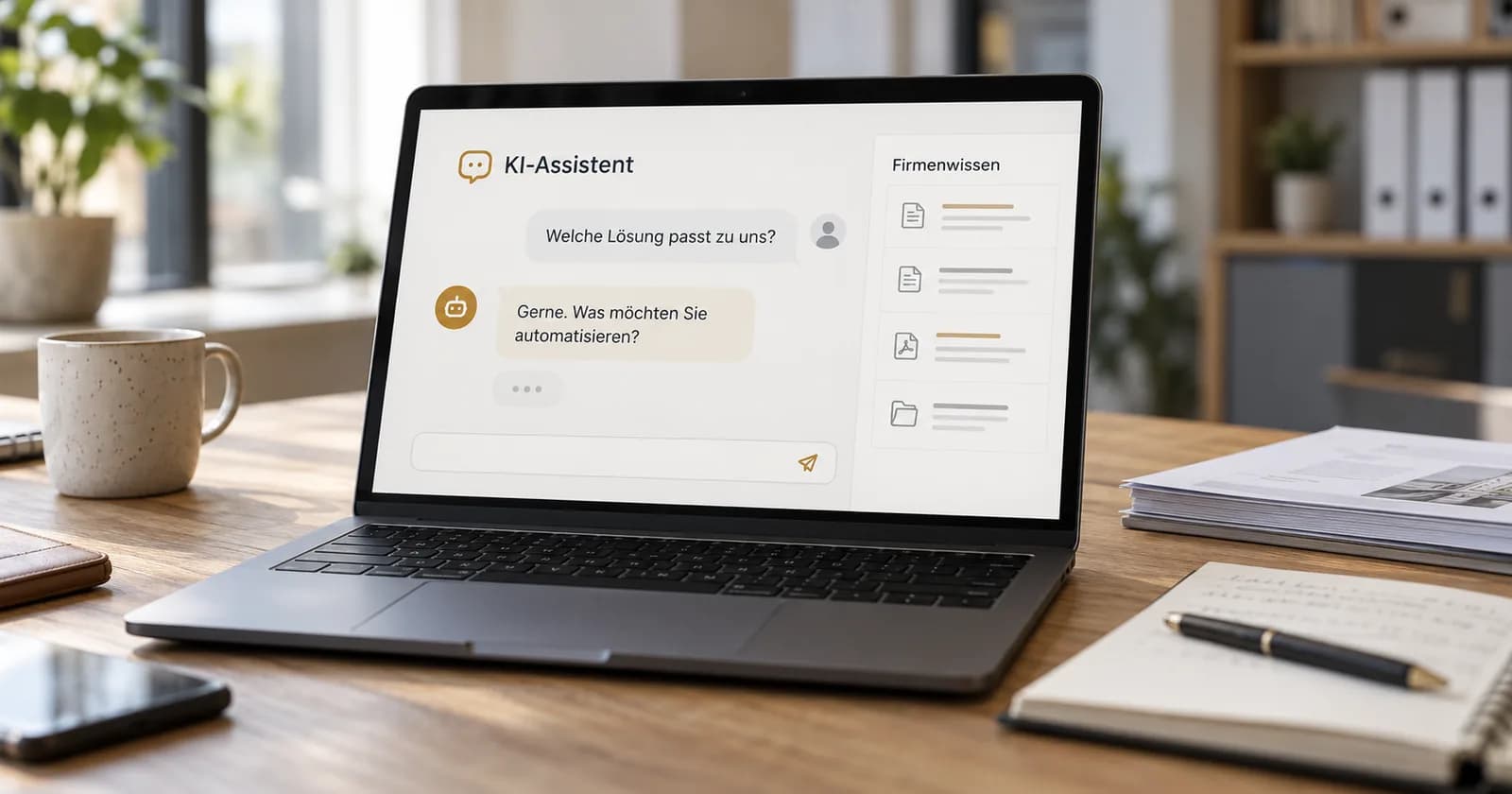 Laptop mit KI-Chatbot für Kundenanfragen und Firmenwissen auf dem Bildschirm, daneben Unterlagen auf einem Schreibtisch.